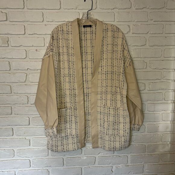 Sweaters - GiGio Oversized‎ Cardigan Tweed Faux Leather Size Small